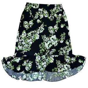 Susan Lawrence‎ Rence Black Green Floral Ruffle Hem Midi Skirt Womens Size L